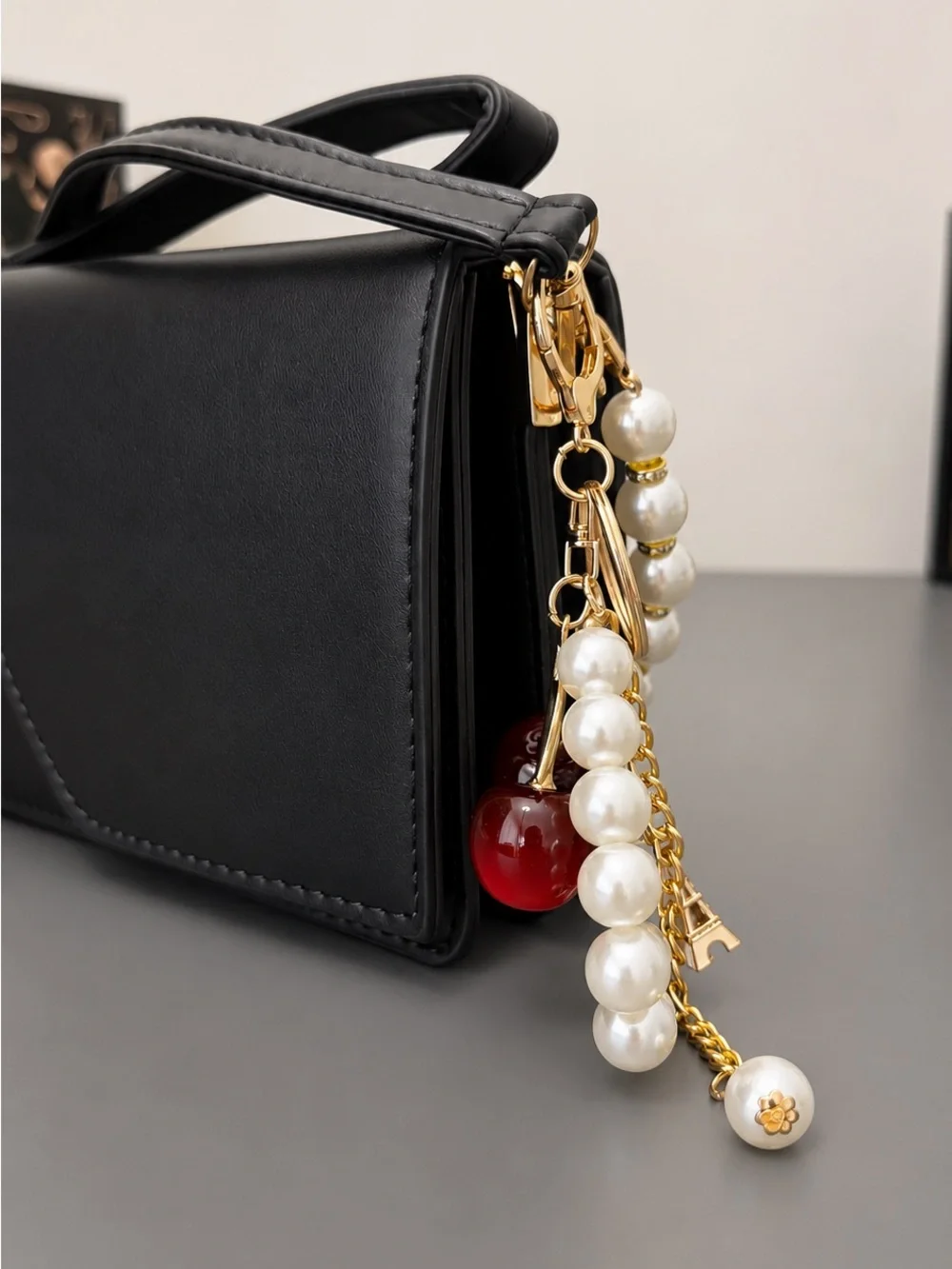 Cherry Pearl Bag Charm Keychain Gold Purse Charm Cute Gift for Her